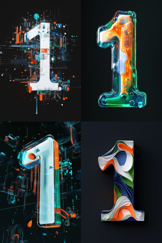 数字“1”，有白色和蓝色，橙色，绿色组成，立体3d效果。极简风格，科技智能，多细节，超高清，c4d, 黑色背景