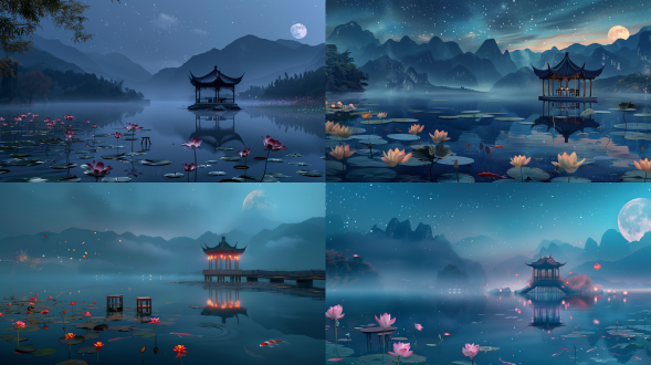 中国传统节，中秋节，湖面，湖里面有荷花荷叶，湖水里有锦鲤，涟漪，湖中间有亭子，亭子上有桌子，凳子，远处有层次不一山，山峦叠层，雾气仙境般，深蓝色天空，星星，大月亮暖色调，无人，细节丰富，质量高清，16k