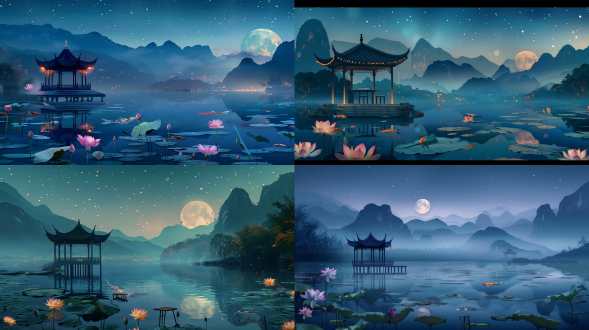 中国传统节，中秋节，湖面，湖里面有荷花荷叶，湖水里有锦鲤，涟漪，湖中间有亭子，亭子上有桌子，凳子，远处有层次不一山，山峦叠层，雾气仙境般，深蓝色天空，星星，大月亮暖色调，无人，细节丰富，质量高清，16k