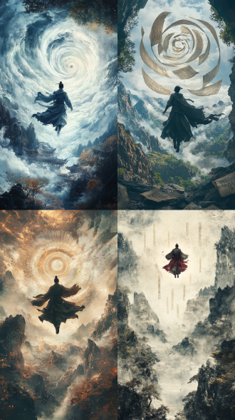 群山之上，一位侠客，悬浮在空中，周围舞动着卷轴经书，卷轴以螺旋的方式围绕在侠客身边，动态姿势，夸张的构图，俯拍，神秘感，宏伟，慢镜头，中国画，粗狂的风格，大气磅礴。