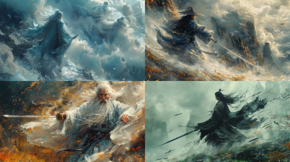 群山之上，一位老年侠客，悬浮在空中单手持剑，剑尖周围舞动着卷轴经书，卷轴以螺旋的方式围绕在侠客身边，动态姿势，夸张的构图，疾风骤雪，神秘感，宏伟，慢镜头，中国画，粗狂的风格，大气磅礴。