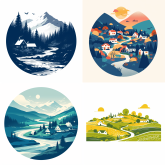 农房剪影河流山川，极简构图，商标插画风，白色背景，简单色彩，平光，正视图，宁静，logo图标。