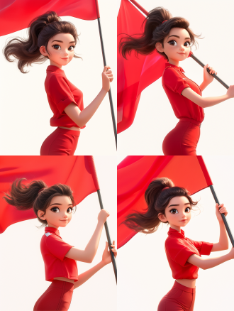 一位成年亚洲女生，扎着高马尾辫，大眼睛，穿着红色志愿者服装，手里举着小旗帜，皮克斯风格，白色背景，3d卡通，高细节，清晰焦点，高分辨率，8k渲染，色彩丰富，立体感强，表情自然，动作轻松，光线柔和，细节精致