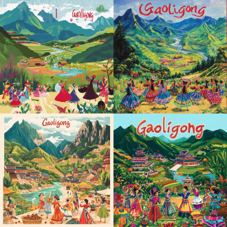 一幅充满活力和丰富多彩的海报，展示了中国云南多样化和美丽的风景。以雄伟的高黎贡山、碧绿江水的潞江和郁郁葱葱的绿色梯田为特色。在前景中，身着鲜艳传统服装的传统少数民族舞者正在用音乐和舞蹈庆祝。包括民族乐器、手工艺品和独特的动植物（如咖啡豆和水果）等元素。整体氛围应活泼好客，体现云南丰富的文化底蕴和自然美景。在顶部或底部添加传统书法中的“高黎贡”文字，，在衣服中傣族风格化 100