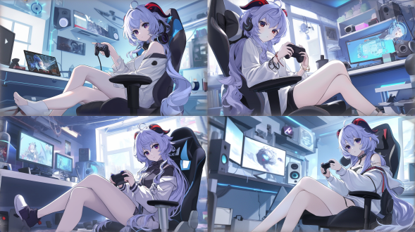 原神甘雨坐电竞椅持游戏遥控器，三分构图，动漫风，室内，长焦镜头，顶光，蓝白配色，坐姿修长，可爱专注。