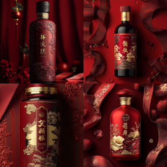 传统风格主题，深红色主色调，金色字体，祥云纹样，葡萄藤浮雕，烫金工艺，暗红色渐变背景，古典边框装饰，绸缎质感，哑光材质，书法字体品牌名，衬线字体英文，酒红色丝带，烫金logo，牡丹花纹，中式传统底纹，立体浮雕效果，波尔多瓶型，黑色点缀线条，奢华典雅氛围