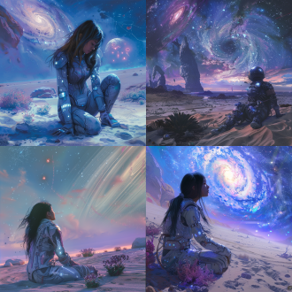 ((ultra-detailed科幻史诗场景))，((双星系统下的异星黄昏))，dx3906星系蓝星表面，蓝紫色大气层折射着两颗恒星的微光，((水晶般的透明植物))在暮色中微微发光，远处地平线漂浮着巨型反重力遗迹，（年轻亚洲女性），银色宇航服覆盖着((时光尘埃的纹路))，跪坐在透明沙地上，长发在((量子涟漪))中飘动，抬头凝视星空时泪水形成((微重力悬浮珠链))，瞳孔中倒映着扭曲的星图，星空呈现出螺旋状星轨，星座排列构成陌生几何图案，天空中漂浮着半透明的历史投影——三维展开的智子/二向箔残影/星环城全息碑文，泪珠内部封装着全息记忆：云天明送的星星/阶梯计划发射舱/澳大利亚大移民场景，沙地上散落着((量子玫瑰的枯萎碎片))，宇航服手臂屏幕显示着(((红色倒计时：1890万年)))，8k光子追踪渲染，赛博朋克2077美术风格混合古典油画质感，动态模糊处理星轨运动，(((重力异常导致的泪珠悬浮轨迹)))，大气折射产生的七色光晕