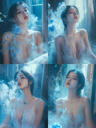 亚洲20岁女性，低胸装，雪白肌肤，美丽，光滑紧致，别墅内，神秘蓝花，热水中，烟雾升腾，灰蓝光晕，4k 35mm镜头，写实风格，高对比度，超细节，hd16k，室内，暖光，静态，神秘感。