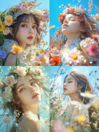 女神青春，多样容貌，甜美优雅，梦幻场景，花海，蓝天，色彩交织，光影斑驳，暖光，治愈心灵，高饱和，柔光，广角镜头，细节丰富，情感，温馨氛围。