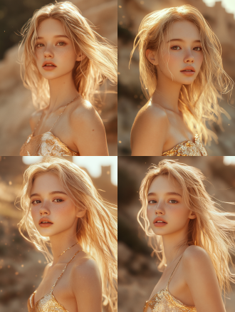 金色废土风，沙丘花纹，古代城堡背景，高清半身照，高光与阴影对比，50mm定焦镜头，自然光，静态，优雅，温暖色调，沉思，杰作级超逼真质量，华裔少女幼女面孔熟女面孔，面部清洁逼真脸部脸庞完美，细腻脸部皮肤皙白棕黄头发，迷你抹胸连衣裙，hd质量逼真画质真人长腿，超高清渲染准确无误纹理肌肤，高细节质感高质量非常详细，8k分辨率写真摄影照。 疯狂麦克斯