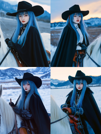 骑马，蓝头发少女，带牛仔帽，高清，黑披风