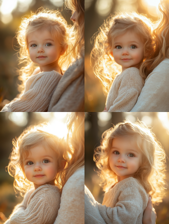 1 one-year-old girl and her mother back to back with each other, yoga pose, sunlight, blurred background, warm hearted, humorous, healthy, soft colors,,in clothes