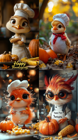 海报，感恩节，一只萌萌的火鸡，穿着白色厨师服，在厨房里忙忙碌碌，用南瓜、玉米烹饪，优雅而简单的配色，大量留白，“感恩节快乐”，电影光，标准镜头，全身照，居中构图，大师作品，4k分辨率，迪士尼风格，皮克斯风格