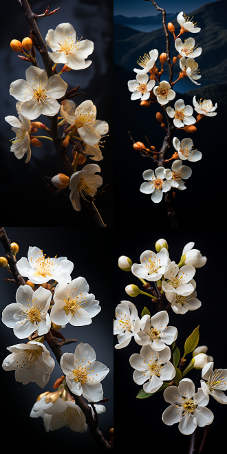 黑色背景中金色暗光下白色梨花树枝，远景山峰叠影，对称构图，暗调氛围，长焦镜头，逆光，冷色调，宁静。