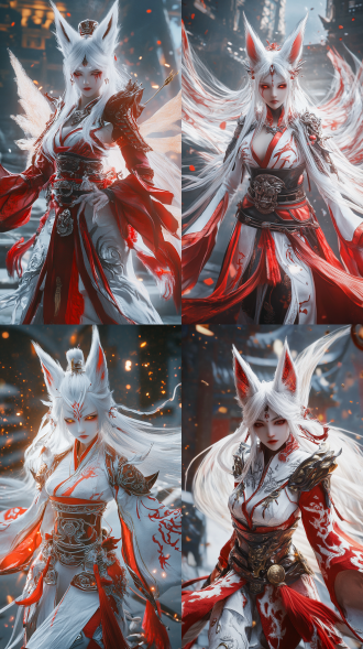 九尾狐灵苏妲己，天使狐面，白发带红纹，唐装战甲，九尾发光，悬浮战斗，背景天宫破碎，虚幻引擎5渲染，概念风，高亮。
