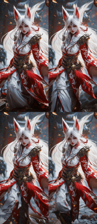 九尾狐灵苏妲己，天使狐面，白发带红纹，唐装战甲，九尾发光，悬浮战斗，背景天宫破碎，虚幻引擎5渲染，概念风，高亮。
