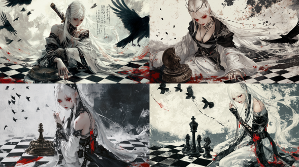 素缟女子跪坐黑白残局间，眼缚渗鲛绡，琵琶骨穿玄铁锁链。雪色中衣透出暗红鞭痕，腕间银铃串着敌将指骨。 面前横置的青铜剑匣蒸腾寒气，匣面北斗七星钉正逐个崩裂。背景狂草写就的兵法竹简铺天盖地，墨点化作鸦群扑向裂纹蔓延的龟甲卦盘。