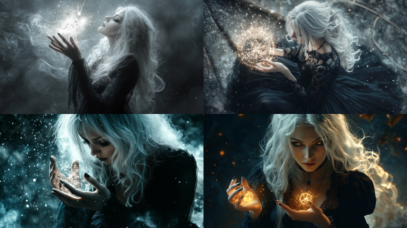 中心布局，银发女巫占90%画幅，双手聚星月光晕，沙漏廓形，魔法阵含星座符文，黑纱裙等，超现实美颜，动态光效，新艺术风格，侧逆光。