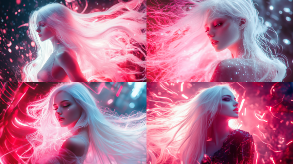 美丽可爱女性，白长发，精致妆容，火辣身材，白色粉色调，科幻背景，三分线构图，软光冷调，中景全身，科技光，8k画质，优雅姿态，超现实。