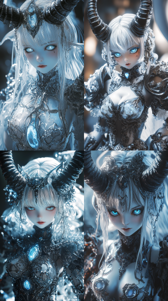 戴角动漫女孩全身像，白色渐黑，散焦效果，3d刺眼风，蕾丝裙配玛瑙盔甲，led灯，特写，兴奋表情，超详细风格化插图。