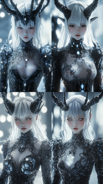 戴角动漫女孩全身像，白色渐黑，散焦效果，3d刺眼风，蕾丝裙配玛瑙盔甲，led灯，特写，兴奋表情，超详细风格化插图。