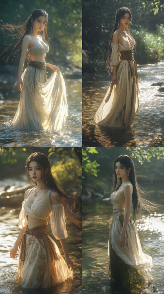 中国美女穿百战裙背影，长发飘，溪边迎光，丁达尔效应，对角线构图，暖光，长焦，柔美色彩，高级立体，32k极致细节。