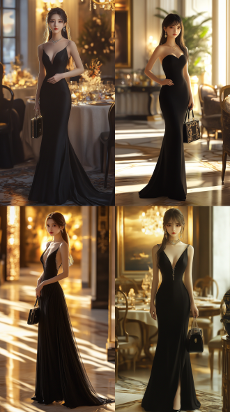 李诗雅，全身站立照，长发，皮肤白皙，知性美，丰满高挑，黑色晚礼服，黑色高跟鞋，名牌手包，豪华晚宴，软光，正面视角，平视，中景，三分线构图，二次元动漫，大师级画质，新海诚风格，8k，高颜值，细腻白皙肌肤，优雅姿态，奢华氛围，柔和色彩，梦幻光影，精致细节，艺术感，高贵气质。
