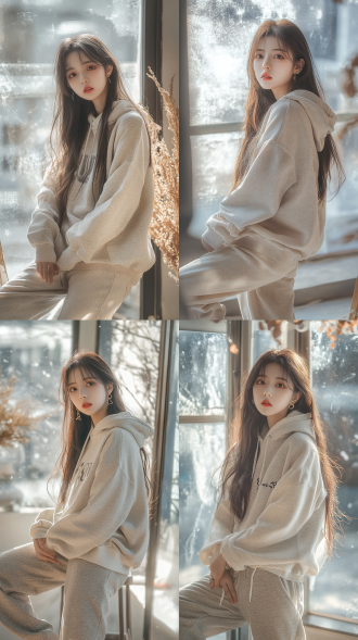 品牌买手店专柜剪标捡漏必入字母印花时尚宽松慵懒斜领露肩卫衣秋，人像写实摄影，电影静止，可爱的中国美女，现代风，韩国风，韩系穿搭，长发，鲨鱼裤，小蛮腰，有朦胧的雾气可见，8k画质，轮廓光拍摄，长腿，笔直大长腿，高帮鞋，魔幻的感觉，立体，全身像,身材高挑，高冷，超广角，魔法，嘻哈风格