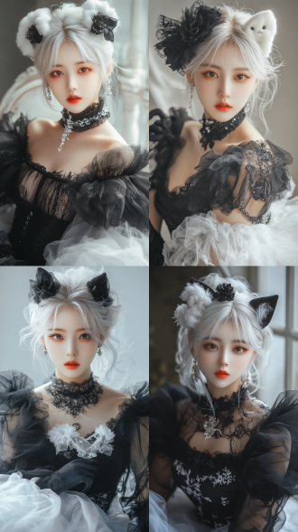 8k分辨率，人物写实摄影，画质细节高度增强。画面中的韩国女性面容精致，皮肤细腻，毛孔结构清晰可见。她有着深邃的棕色眼眸，搭配自然且带有些许深邃感的眼妆，以及鲜艳的橙红色口红。一头银白长发顺滑垂落，头戴白色毛绒猫耳发饰，发间别着黑色花朵配饰，发丝呈现出自然光泽与通透的次表面散射效果。身着黑白配色的连衣裙，上半部分为黑色蕾丝拼接透明网纱，点缀白色花朵，下半部分是白色蓬松纱裙，材质纹理细节完整保留。颈部戴着黑色蕾丝项圈，手上戴着黑色手套。姿态为优雅地坐于室内，双手交叠放在腿上。背景光线柔和，营造出一种神秘又优雅的氛围，光影效果逼真，高锐度，低噪点，景深突出人物主体，尽显灵动的萌系优雅气质。
