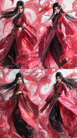 ((杰作、最佳品质、杰作、最佳品质、官方艺术、极其详细的 cg unity 8k 壁纸))、(((杰作，最佳品质，高分辨率，超细节)))、波雅·汉库克，长长的丝般黑发，高高的鼻子，红色的花纹衣服，粉色披风，锐利的眼神，高贵不可侵犯的气质，(([女性]：1.2，[美女]：1.2，黑色长发：1.2))、，背景一条粉色的龙，明亮的眼睛，动态的角度和姿势。长焦，全身，高跟鞋