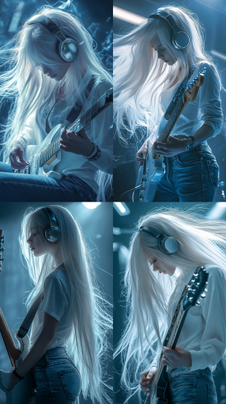 长发白发少女戴银色耳机，白衬衫牛仔裤，弹电吉他，非对称构图，浅景深失焦，逆光，蓝白调，梦核风，动感模糊，超现实，强视觉冲击