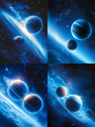 this is a digital artwork depicting an awe-inspiring cosmic scene set in deep space. the background is a vast expanse of blackness， dotted with countless tiny stars， creating a sense of infinity. two large， luminous planets dominate the foreground， floating in the void. the planets are positioned diagonally， with one slightly above and to the left of the other. they are rendered with a glossy， reflective surface， suggesting they are made of metallic or rocky material. the planet on the left has a prominent ring system， resembling saturn's rings， and a bright， glowing moon is visible near its equator. the planet on the right is slightly larger and appears to be partially eclipsed by the planet in front of it， casting a dark shadow across its surface. the planets' surfaces are detailed with textures that suggest a rocky， cratered terrain. the background is filled with wispy， blue-white clouds that seem to be illuminated by the light from the planets， giving the scene a ethereal， otherworldly feel. the image is rich in color， with a predominant blue hue that varies from deep midnight blue to lighter shades， adding a sense of depth and mystery to the composition.,