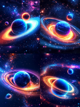 彩色粒子旋涡，旋涡中间是蓝色的星球，星球大大小小的围在银河周围，中间两颗大的行星格外凸显，星际穿越，高级感，未知，神秘，深蓝色背景，繁星点点，充满科技感，倾斜视角，透视关系明显，画面简约干净，3d空间，超清画质。两颗明亮的相同大小的，行星主宰着前景，漂浮在虚空中。行星呈对角线排列，其中一颗略高于另一颗，位于另一颗的左侧。画面干净简洁