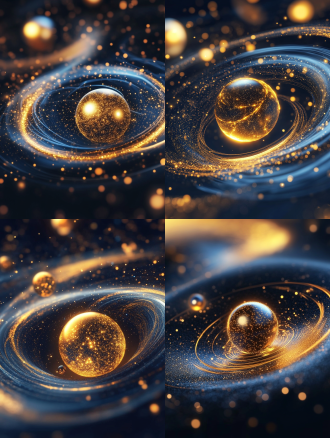 this is a highly detailed, cgi-generated image depicting a surreal, cosmic scene. the focal point is a glowing, golden sphere with a slightly textured surface, reminiscent of a star or planet. it is surrounded by a series of swirling, concentric rings composed of thin, glowing lines, giving the impression of a vortex or a spiral galaxy. these lines are a mix of deep blue and gold, creating a striking contrast that draws the eye. the background is a dark, almost black void, with faint, out-of-focus orbs of light scattered throughout, adding to the ethereal and otherworldly atmosphere. these orbs are primarily golden and orange, with some blue hues, creating a sense of depth and movement. the entire composition is dynamic, with the glowing sphere and swirling lines appearing to spin and move, enhancing the sense of motion and energy. the texture of the golden sphere is slightly rough, with a fine, granular surface that suggests a metallic or crystalline material. the overall style is modern and abstract, with a high level of digital artistry and attention to detail. the image evokes a sense of awe and wonder, capturing the essence of the cosmos in a visually stunning manner.there are two planets in the middle