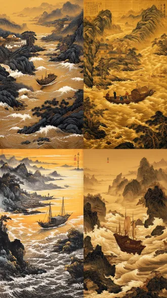 国风水墨画，场景为乘风破浪的船只，船细节丰富些，作为主体物大一点，远景有山，背景亮色，明显对比关系，配色是黑金色，橙色点缀，细节精美