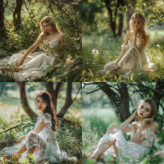 女孩白色裙子，草地树木，逼真细节，自然皮肤纹理，超逼真，嫩白的皮肤，闪亮头发，粉红嘴唇，8k分辨率，修长美腿，双眼皮，全身照，自然光，广角镜头，高分辨率，细腻色彩，自然环境，柔和光线，优雅姿态，清新风格。