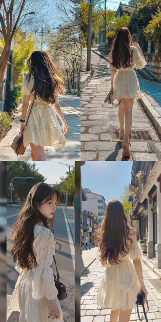 女孩独自行走，长发飘逸，棕色发丝在阳光下闪耀，优雅连衣裙，精致小包，唇角微扬，自然表情，日间街道，柔和光线，中长焦镜头，自然光，慢速快门，宁静，温暖色调，愉悦。