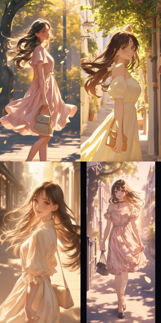 女孩独自行走，长发飘逸，棕色发丝在阳光下闪耀，穿着优雅的连衣裙，手提精致小包，唇角微扬，表情自然。日间街道，柔和光线，中长焦镜头，自然光，慢速快门，宁静，温暖色调，愉悦，8k。