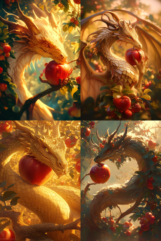 小金龙缠绕红苹果，中心构图，奇幻风格，果园里，长焦镜头，柔和光线，盘绕，神秘，金色红色，奇妙。