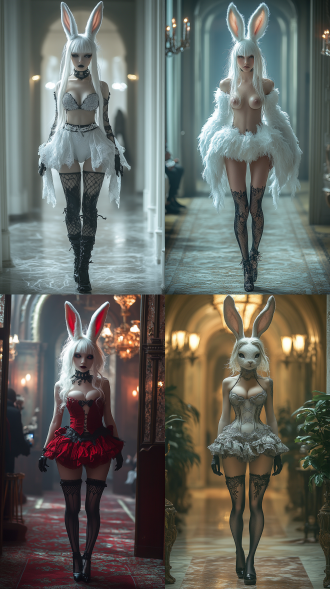 拟人化的俊美的兔子，时装秀场，穿着短裙黑丝袜白色兔子，拟人化特征，高端设计风格，冷艳美丽，身材修长苗条，米兰时装秀，全身照，捕捉秀场上的动态瞬间，t台，闪光灯，广角镜头，高对比度，冷色调，侧光，快速快门，优雅，高贵，时尚