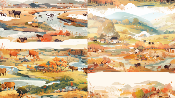 卡通风田园牧歌，全景构图，草地牛羊河流木屋，梯田成片，秋日丰收。清新色彩，低饱和度，大光圈镜头，自然光，宁静祥和，手绘质感。二维插图，日本版画，扁平风格。watercolor fish