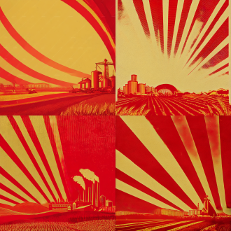 背景用图。苏联风格宣传海报风格，五一劳动节，红色和金色的配色方案，工厂和田地，简单的背景图案，