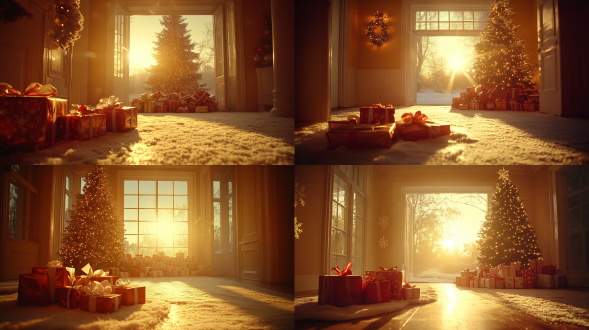 圣诞节，白天，桌子作为前景上面摆着圣诞礼物和圣诞节礼带，极简风格，圣诞树背景，圣诞树下堆满礼物，景深，摄影棚灯光，高质量