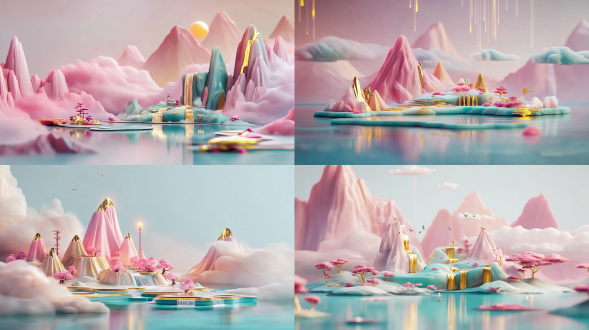 微型山水玉雕，金镶玉风格，有山、湖、瀑布、云雾，倒影美，超写实细节，透光佳，uhd，辛烷渲染，极简风，散点透视。