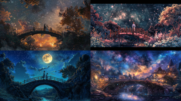 牛郎织女鹊桥相会，浪漫幸福，星空银河，色彩丰富梦幻，全景视角，暖色调夜景，吉卜力风格，暖光，人物清晰，鹊桥，浪漫氛围，幸福情感，星空元素，银河背景，色彩鲜艳，梦幻效果，全景镜头，暖色光影，夜景模式。