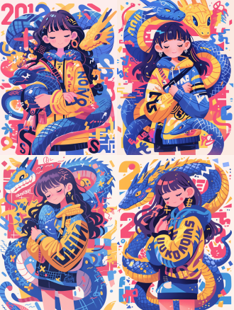 蛇的生肖插画，矢量风格，白色背景，几何形状，卡通形象，新年氛围，明亮色彩，平面构图，可爱，欢乐。
