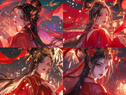美丽的女子一身优雅的红色中国古装，一头乌黑的长发，戴着红色精致的发簪头饰和耳环。她戴着精致的头饰和耳环，穿着华丽的汉服，传递出浓浓的年味。红色主题的装饰使场景更加突出，空气中烟花弥漫，神秘的灯光照在她的脸上。这是一个动漫角色设计，这是中国传统汉服人物的特写肖像，具有高清和分辨率的脸部特写，展示了最好的质量和超详细的艺术作品，