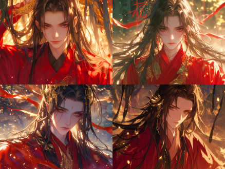 一名古风男子，长发，穿着红色汉服，脸上挂着华丽的装饰。他五官精致，深邃的眼睛，淡妆，身边有中国龙元素，森林背景，远处散落的灯光，柔和的灯光效果，动漫风格的插画，高分辨率，半身写真肖像，他出现在正面视图中，特写镜头，他的神色凝重，以及中国古代艺术家风格的精致细节。