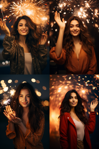 烟花背景，美女开心伸手背景拍照图，反射光，温馨色调