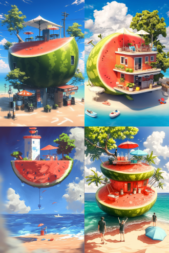 a house made of huge watermelon, floating in the sky, cold drink stalls, umbrellas, and trees by the seaside stands on top of it, in the style of pixar, colorful clouds and a blue sea background, high resolution, detailed illustrations, c4d, bright colors, fantasy art.